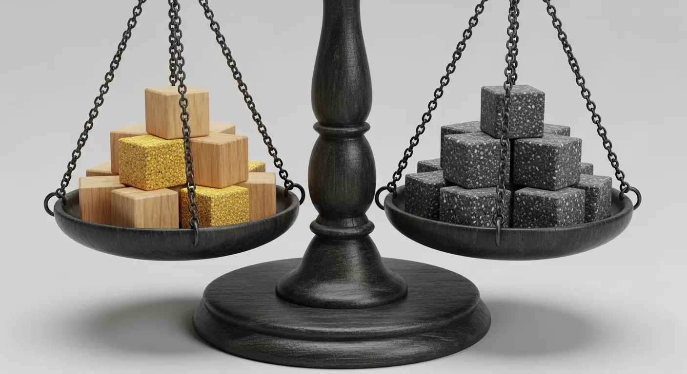Close-up de uma balança vintage realizando o rebalanceamento de carteira de ações, com blocos brilhantes de um lado e pedras sólidas do outro, perfeitamente equilibrados.